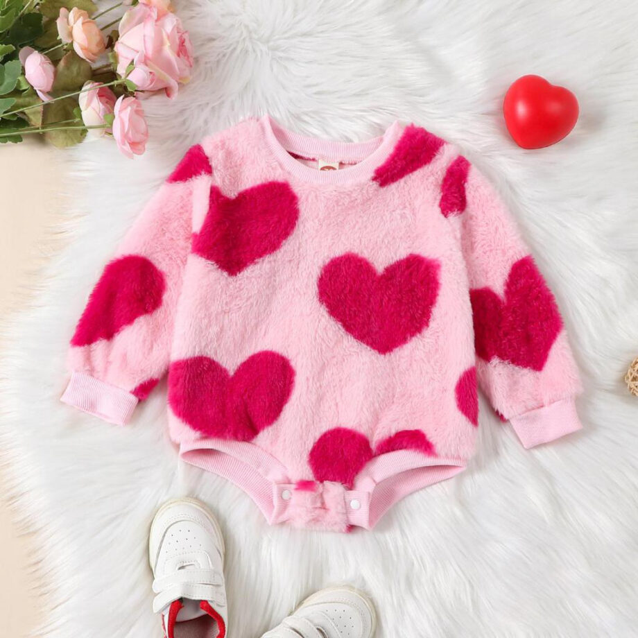 Baby Girl Winter Fuzzy Romper Heart Print