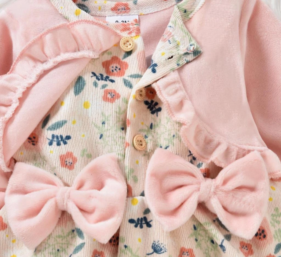 2 Pcs Baby Girl Casual Outfit, Long Sleeve Floral Printed Romper + Bow-Knot Decor Headband Set