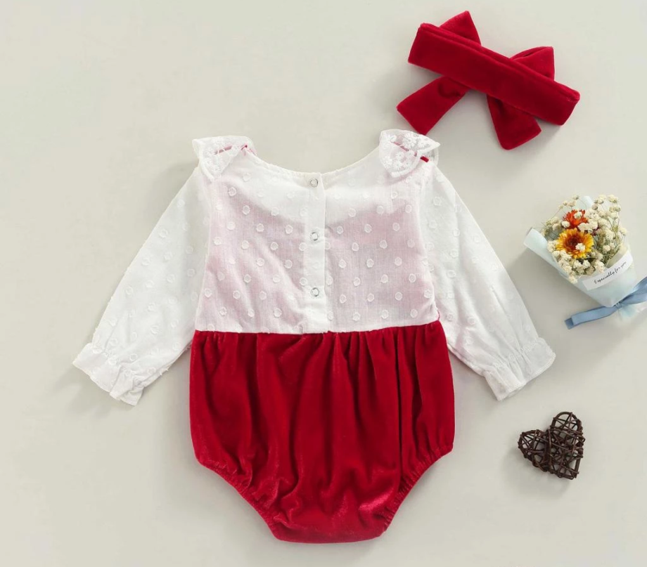 Baby Girls Wine Red Long Sleeve Lace Hem Romper and Headdress