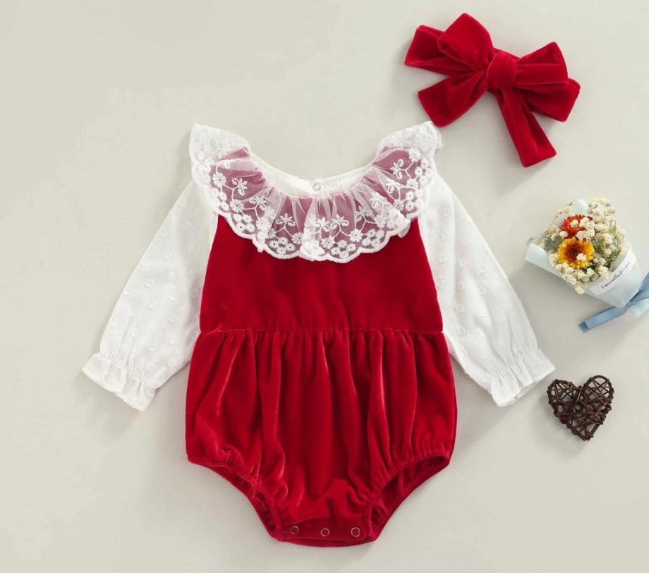 Baby Girls Wine Red Long Sleeve Lace Hem Romper and Headdress