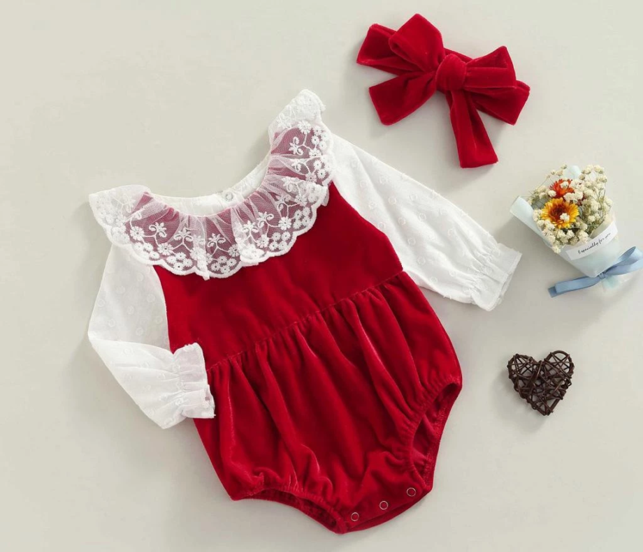 Baby Girls Wine Red Long Sleeve Lace Hem Romper and Headdress