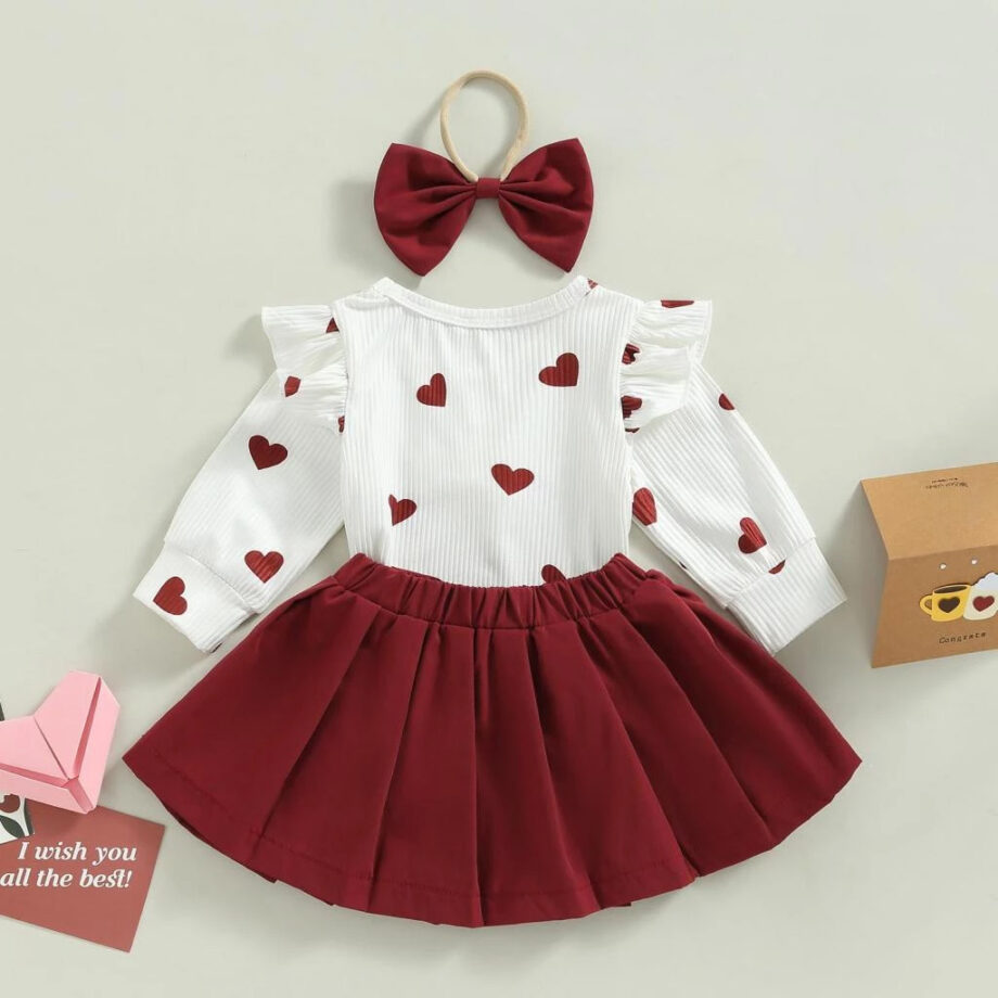 Heart Print Long Sleeves Romper and Casual Pleated Skirt Headband Outfit Set