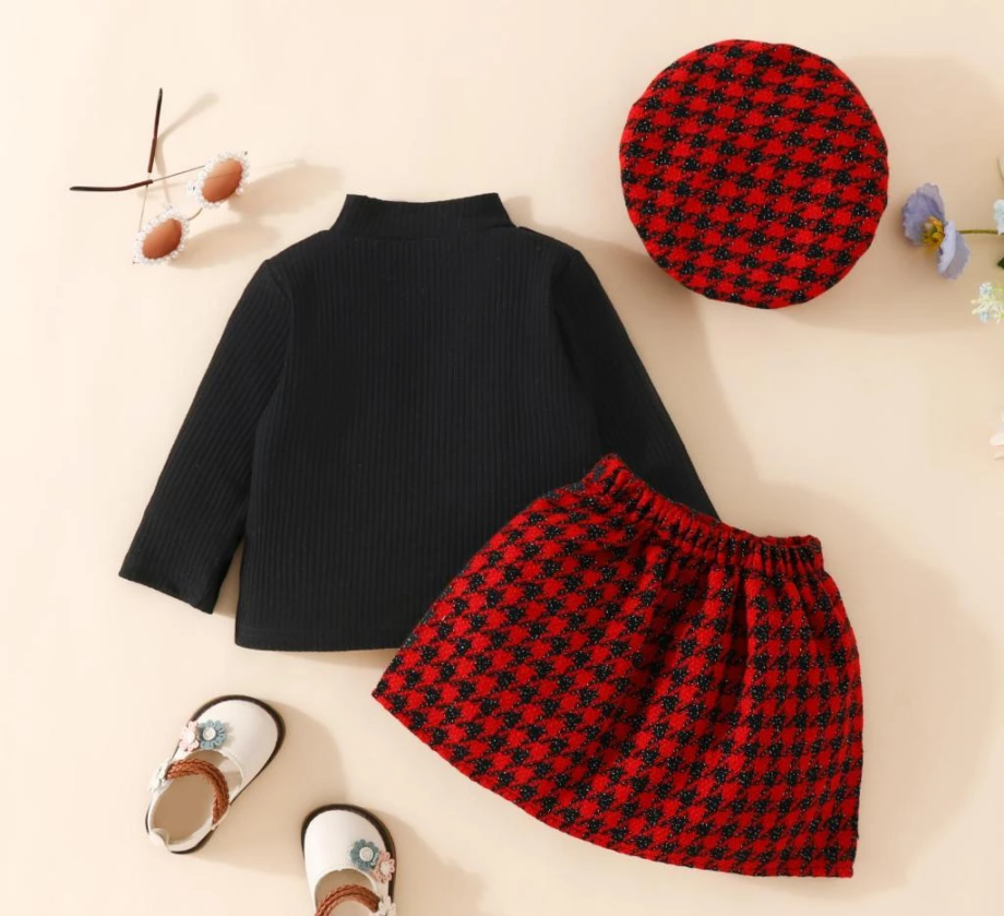 3Pc Winter Outfit Baby Girl Long Sleeve Mock Neck Top + Houndstooth Skirt + Hat Set