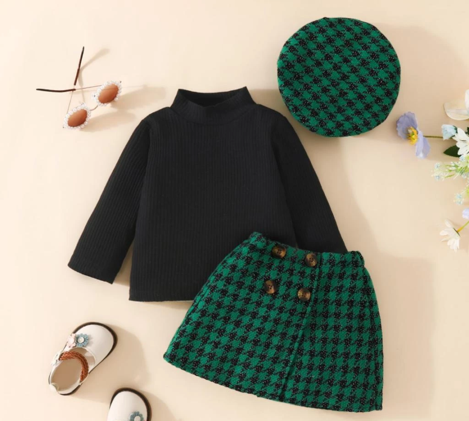 3Pc Winter Outfit Baby Girl Long Sleeve Mock Neck Top + Houndstooth Skirt + Hat Set