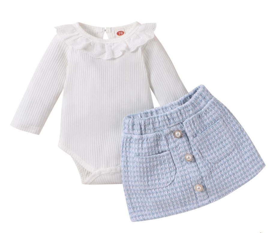 Baby Girl 2 Pcs Set. Rib Knit Doll Collar Long Sleeve Romper + Button Plaid Skirt