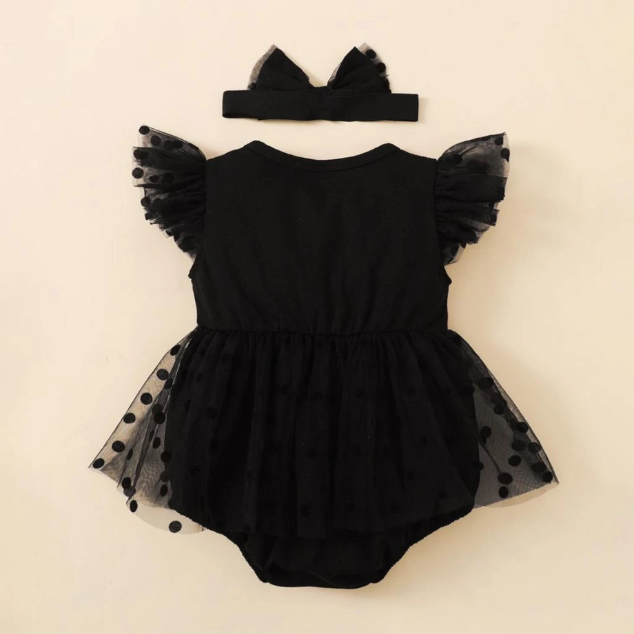 Baby Girls Dot Crew Neck Fly Sleeve Black Romper + Headband