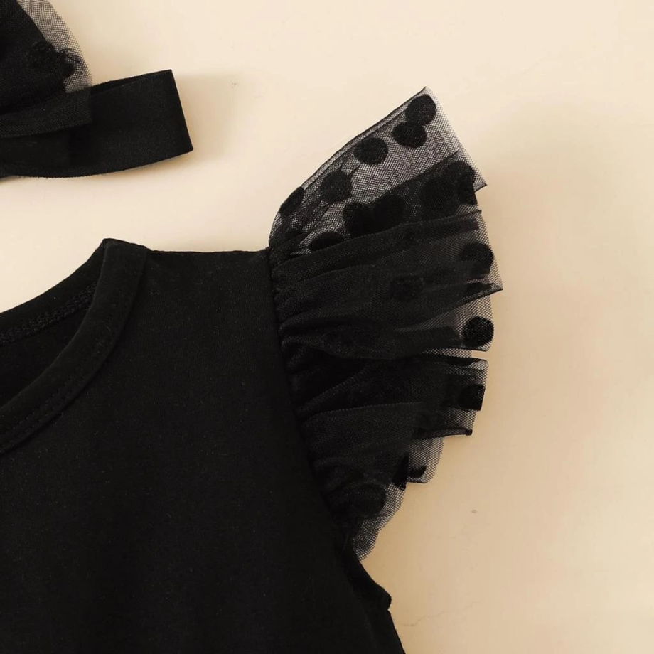 Baby Girls Dot Crew Neck Fly Sleeve Black Romper + Headband