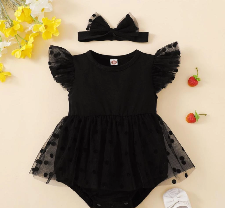 Baby Girls Dot Crew Neck Fly Sleeve Black Romper + Headband